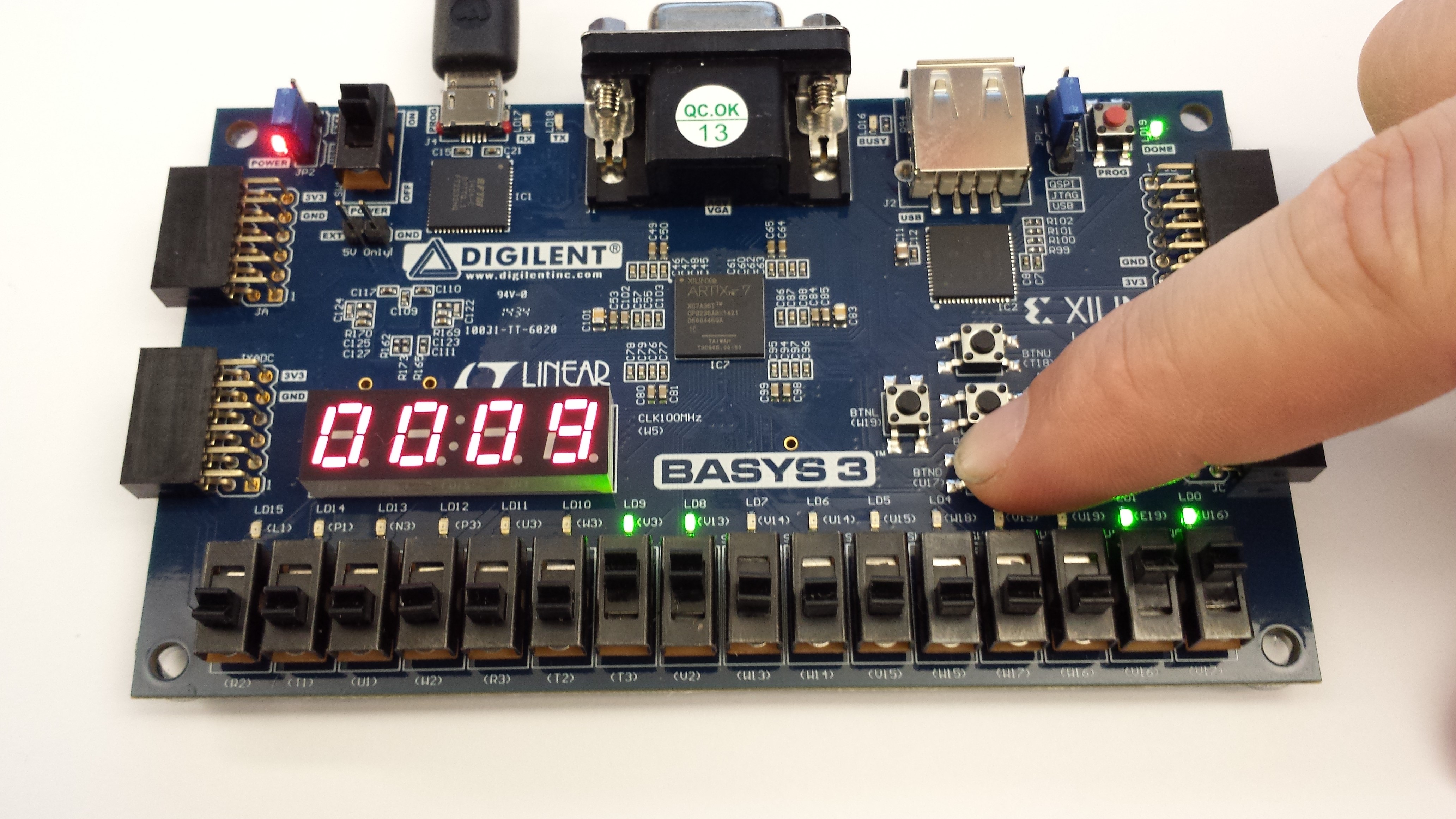 Basys3 FPGA board during hardware testing